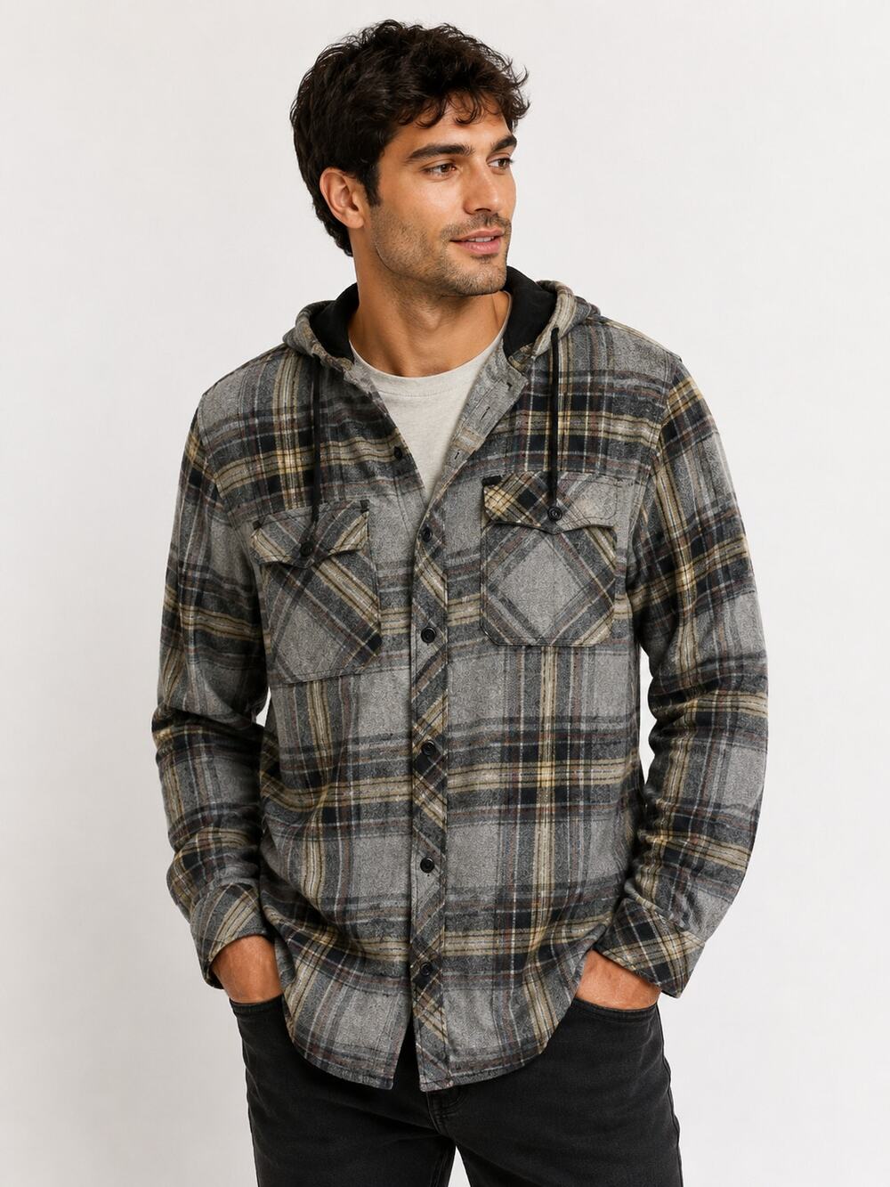 Empyre Plaid Hoodie Shirt Gray Mens Medium